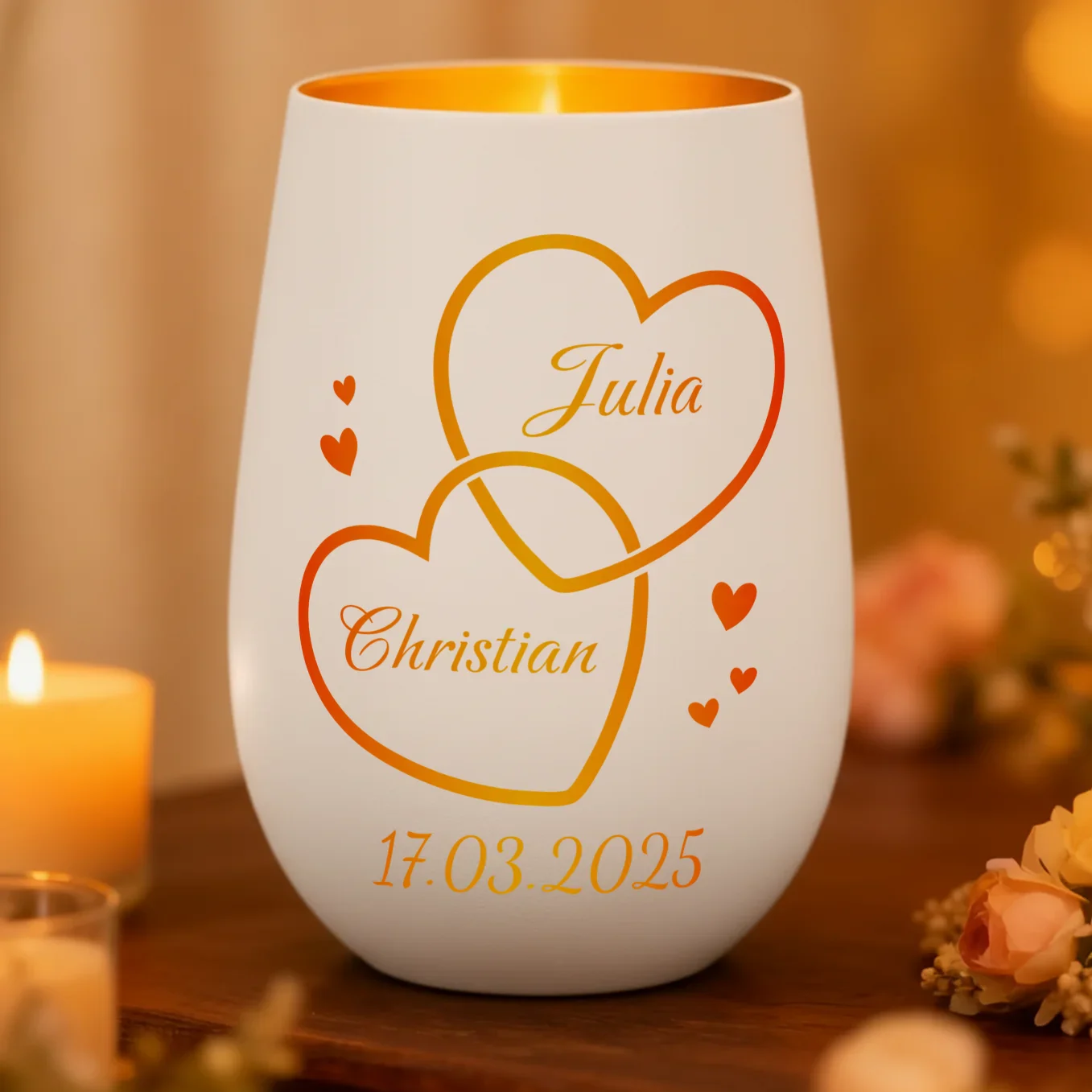 Personalisiertes Windlicht Weiß "Zwei Herzen”