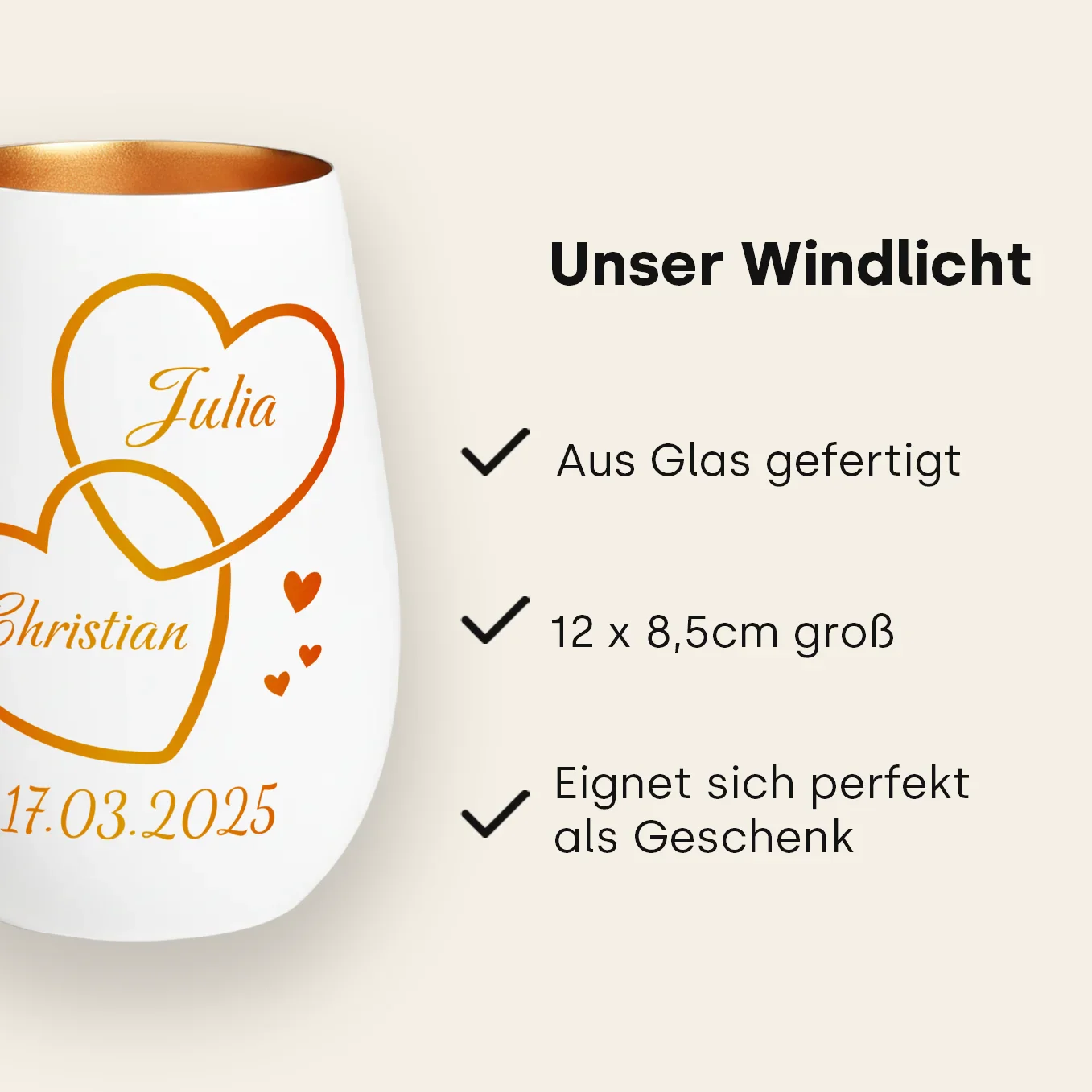 Personalisiertes Windlicht Weiß "Zwei Herzen” - Image 11