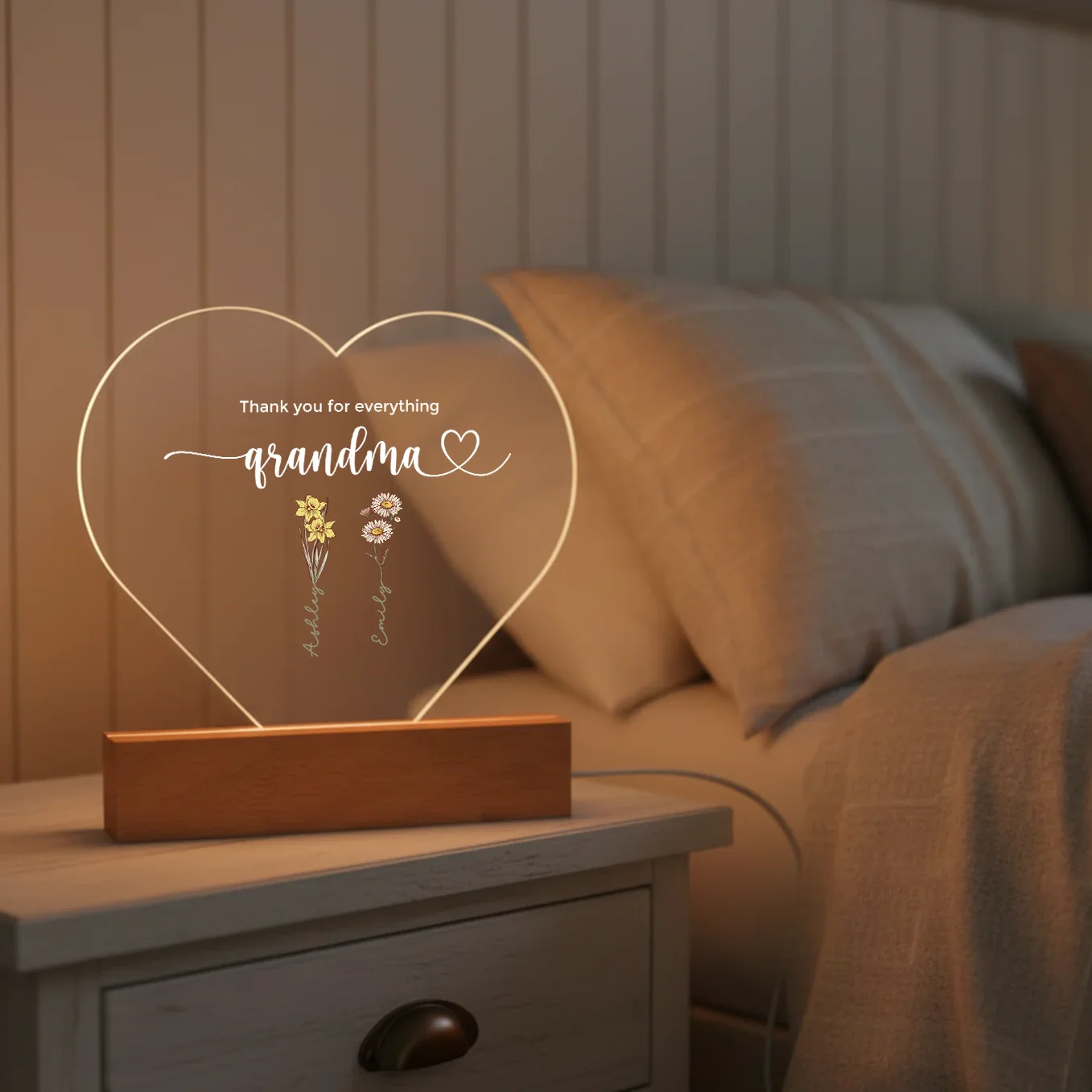 Personalized Heart Acrylic Light "Flowers for Grandma" | Night Light, Decor Light, Glow Light - Image 11