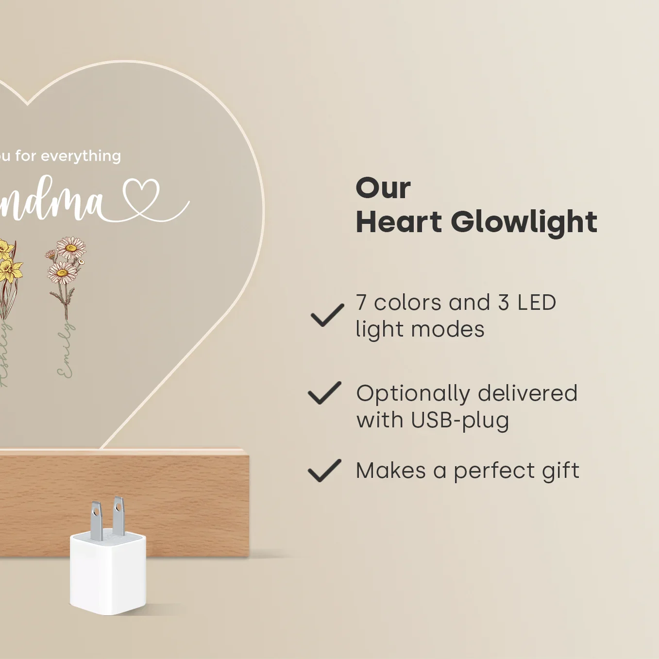 Personalized Heart Acrylic Light "Flowers for Grandma" | Night Light, Decor Light, Glow Light - Image 13