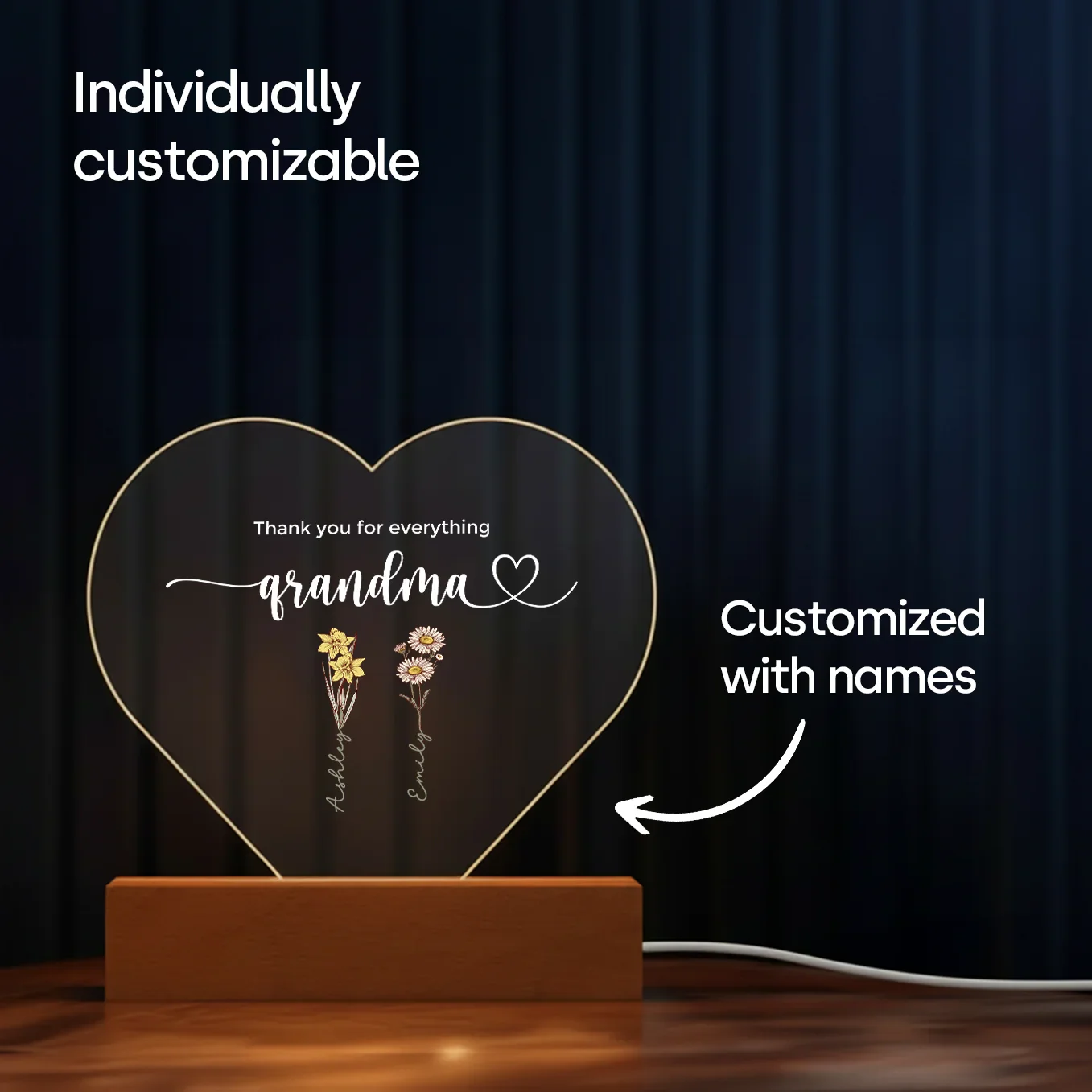 Personalized Heart Acrylic Light "Flowers for Grandma" | Night Light, Decor Light, Glow Light - Image 3