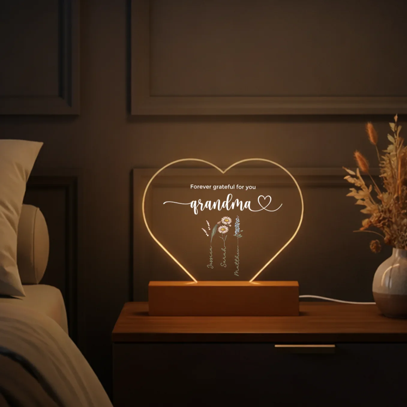 Personalized Heart Acrylic Light "Flowers for Grandma" | Night Light, Decor Light, Glow Light - Image 5