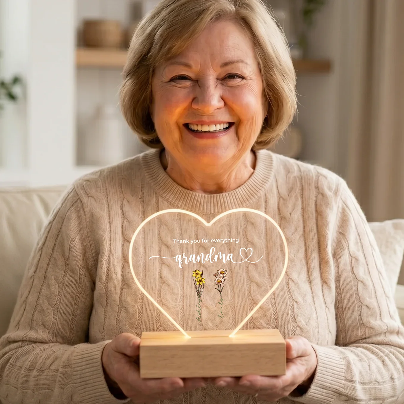 Personalized Heart Acrylic Light "Flowers for Grandma" | Night Light, Decor Light, Glow Light - Image 7