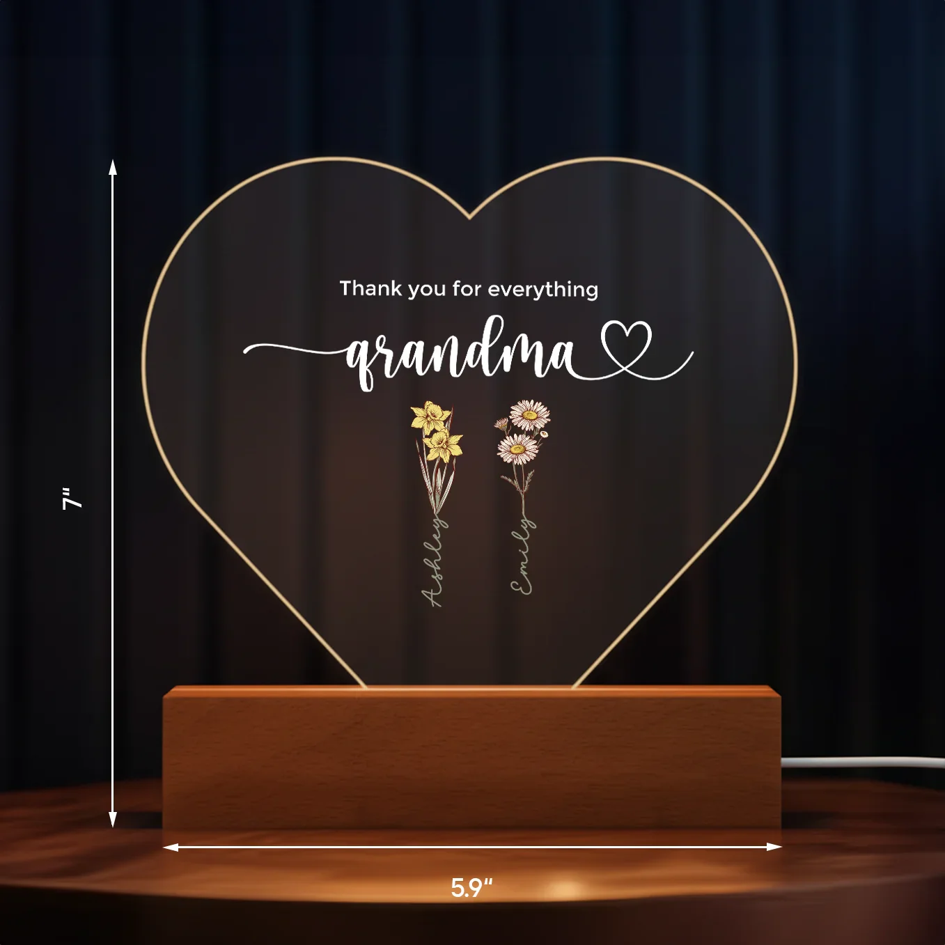 Personalized Heart Acrylic Light "Flowers for Grandma" | Night Light, Decor Light, Glow Light - Image 8