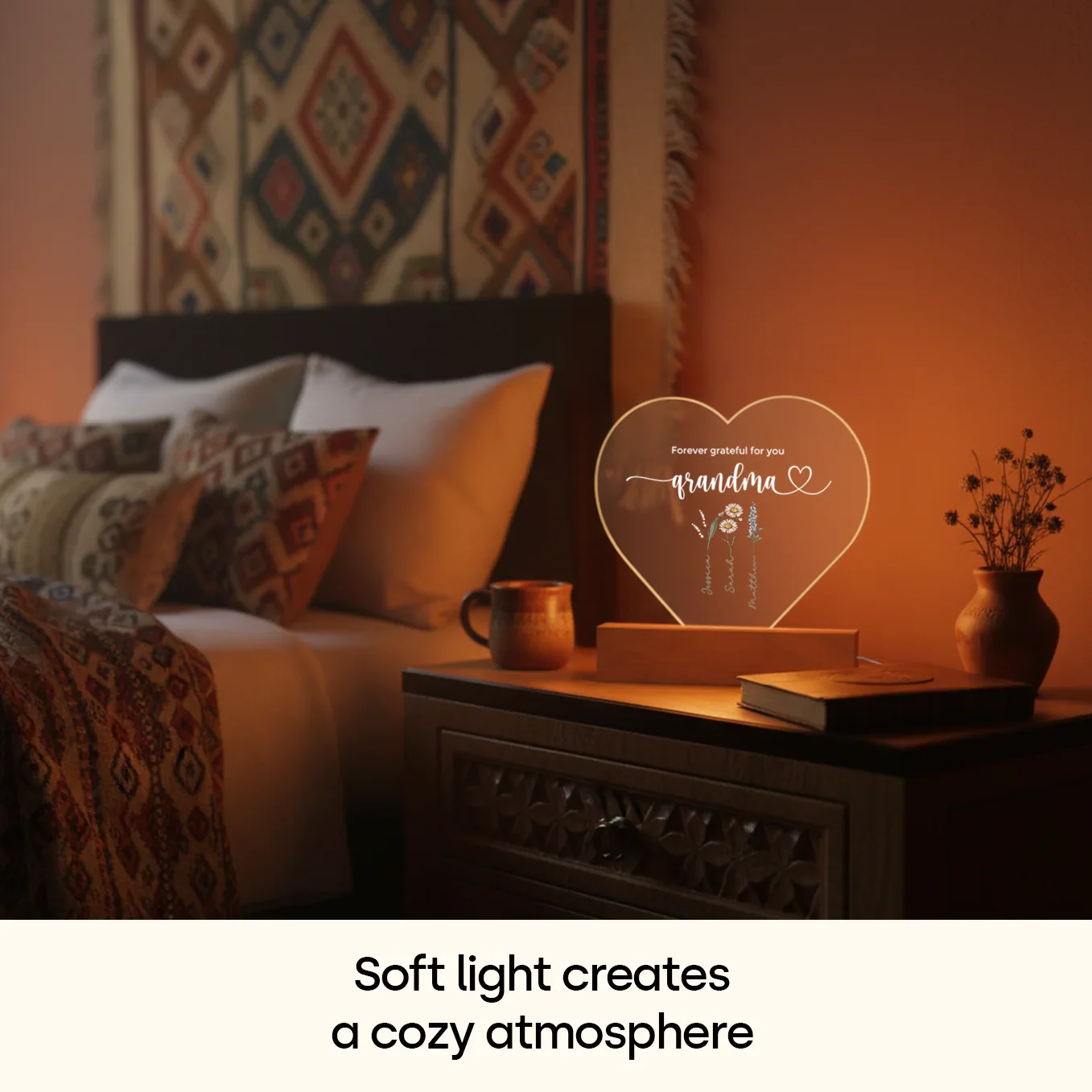 Personalized Heart Acrylic Light "Flowers for Grandma" | Night Light, Decor Light, Glow Light - Image 9
